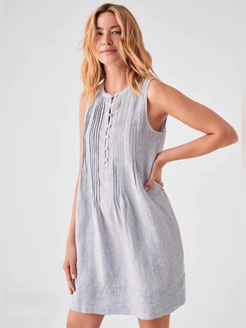 Faherty Isha Blue/White striped Dress, 100% Linen, size L